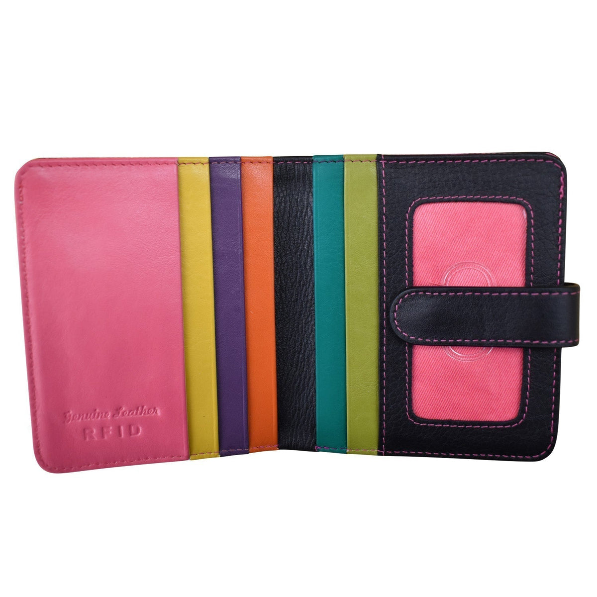 Pink wallet with colorful stripes on a white background