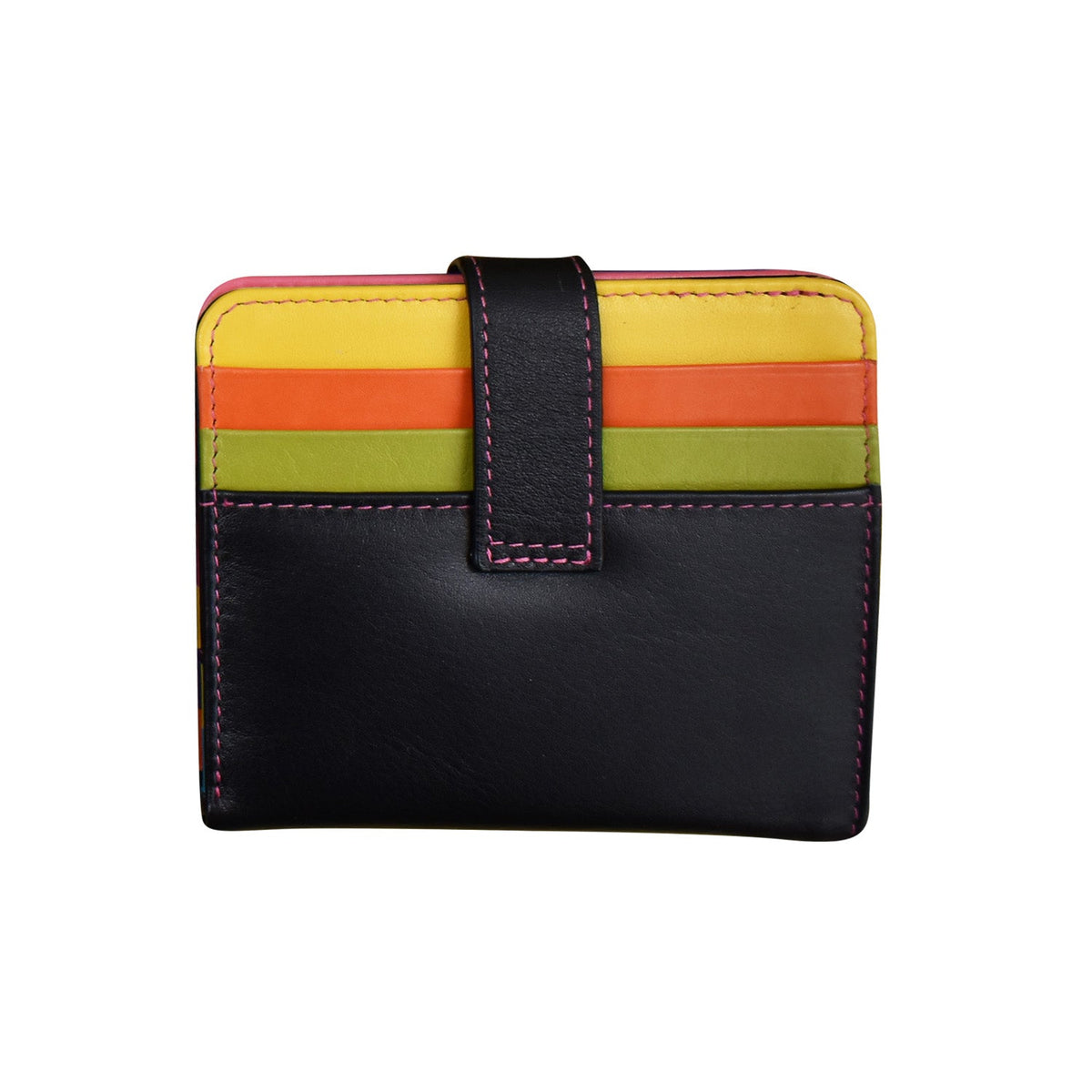 Multicolored striped wallet with black strap on a white background
