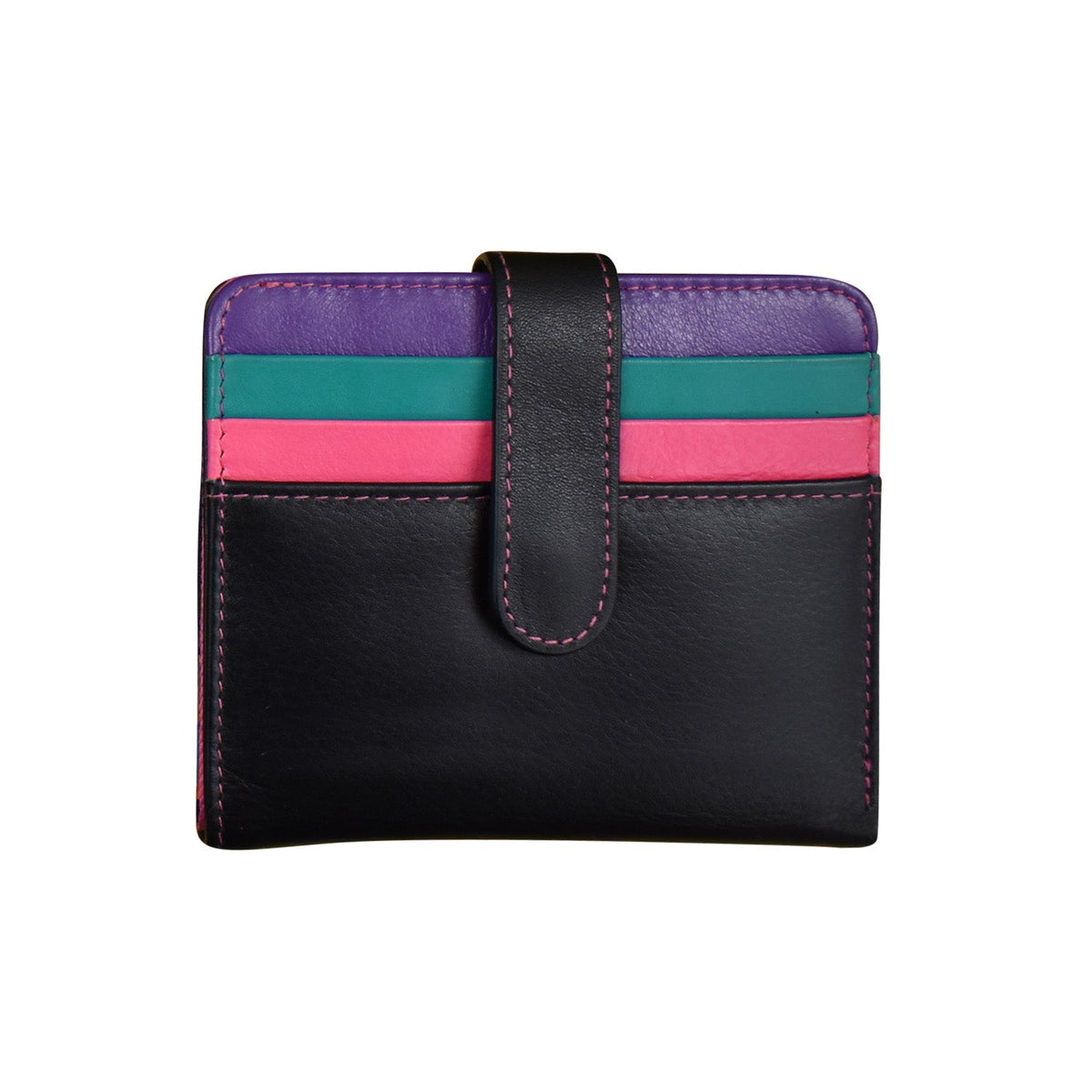 Black wallet with colorful stripes on a white background