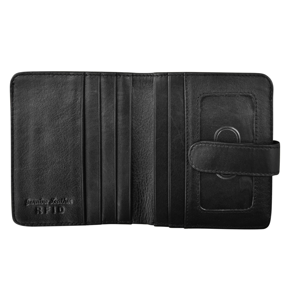 Black leather wallet with card slots on a white background