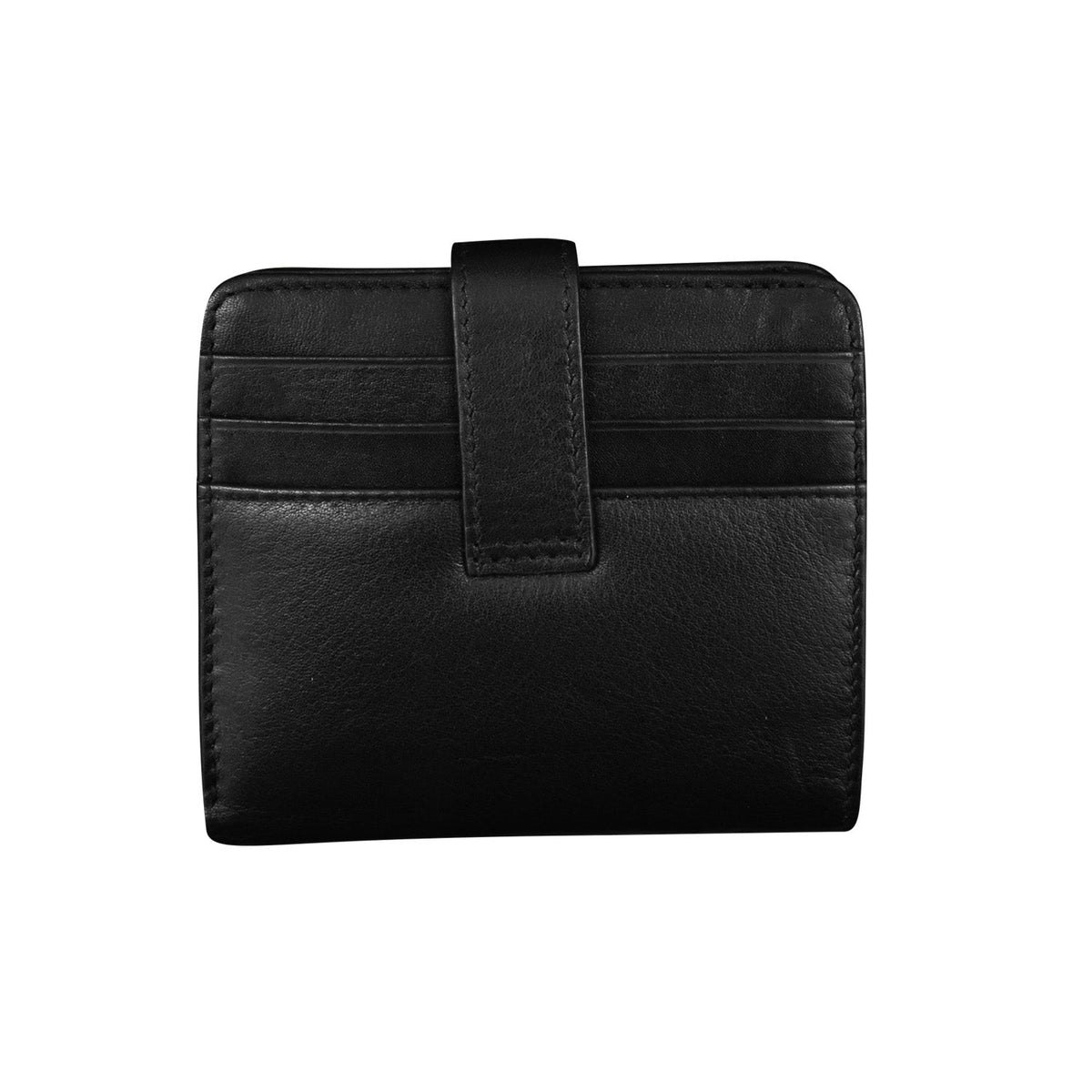 A black leather bifold wallet with card slots and a vertical strap closure, shown against a plain white background.