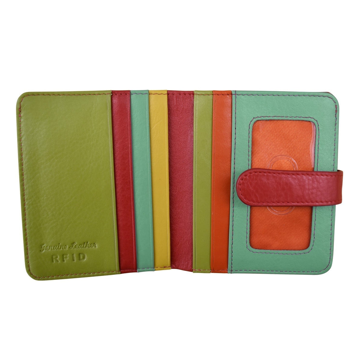 Multicolored wallet with visible brand logo on a white background