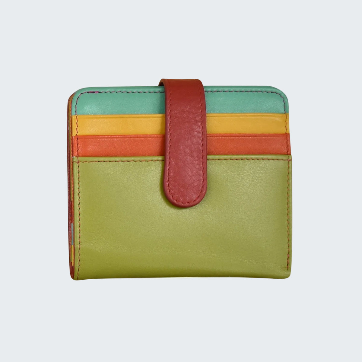 Multicolored wallet with a strap on a white background