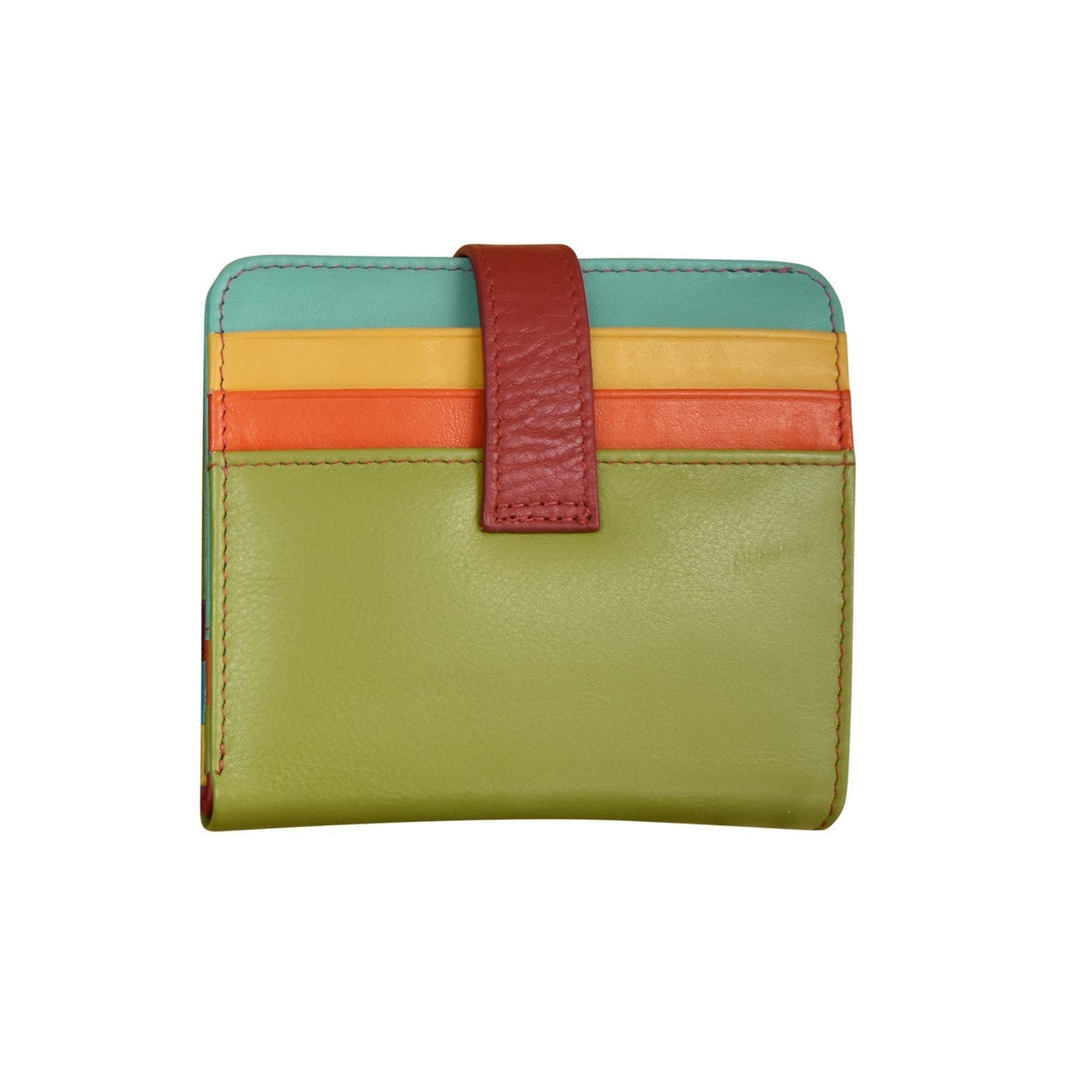 Multicolored wallet with a strap on a white background