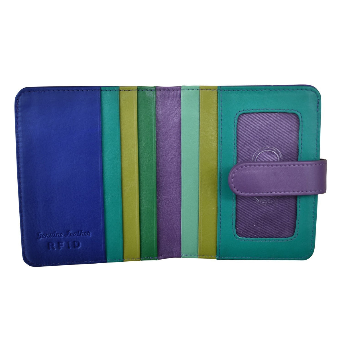 Multicolored striped wallet with 'RFID' protection on a white background