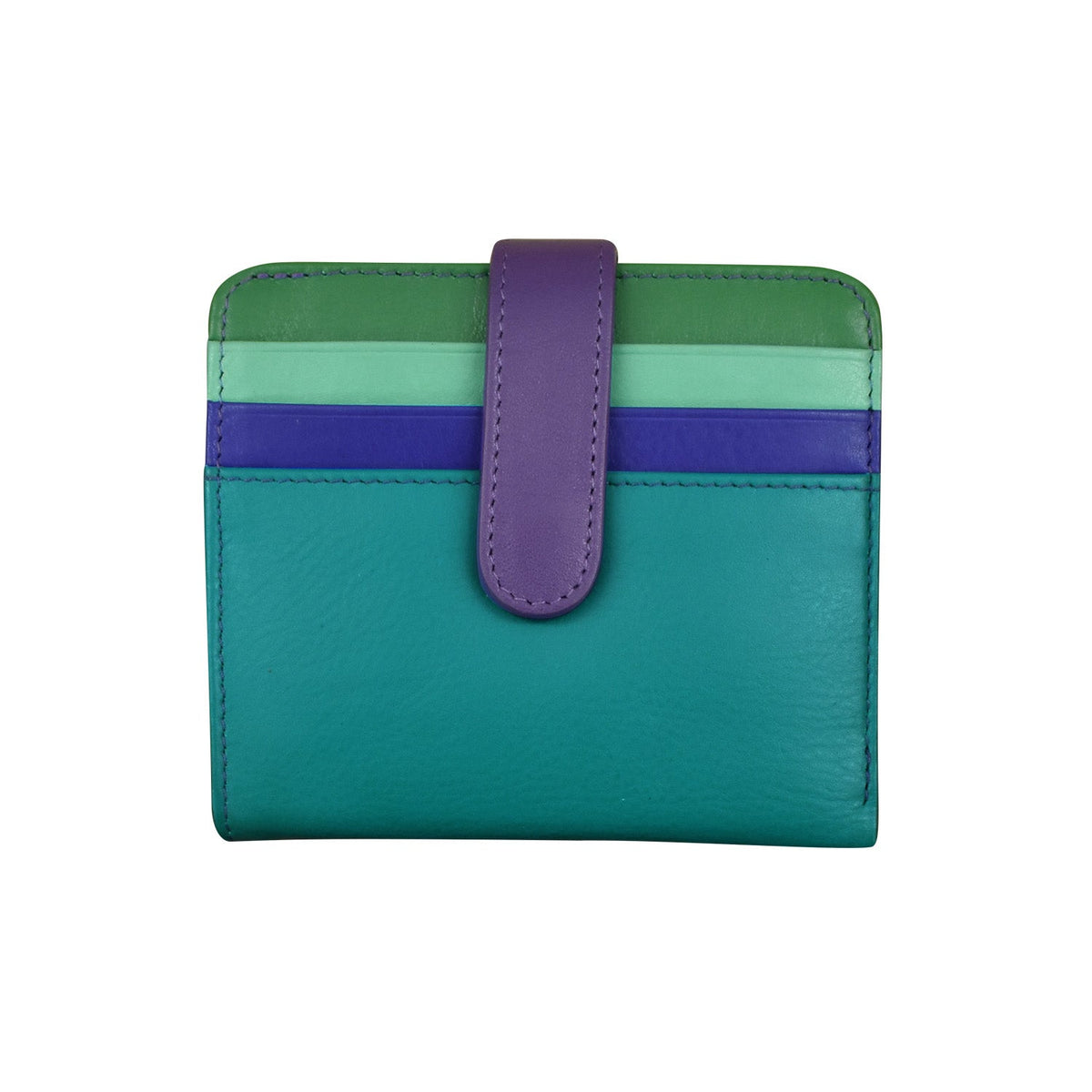 Green wallet with purple strap on a white background