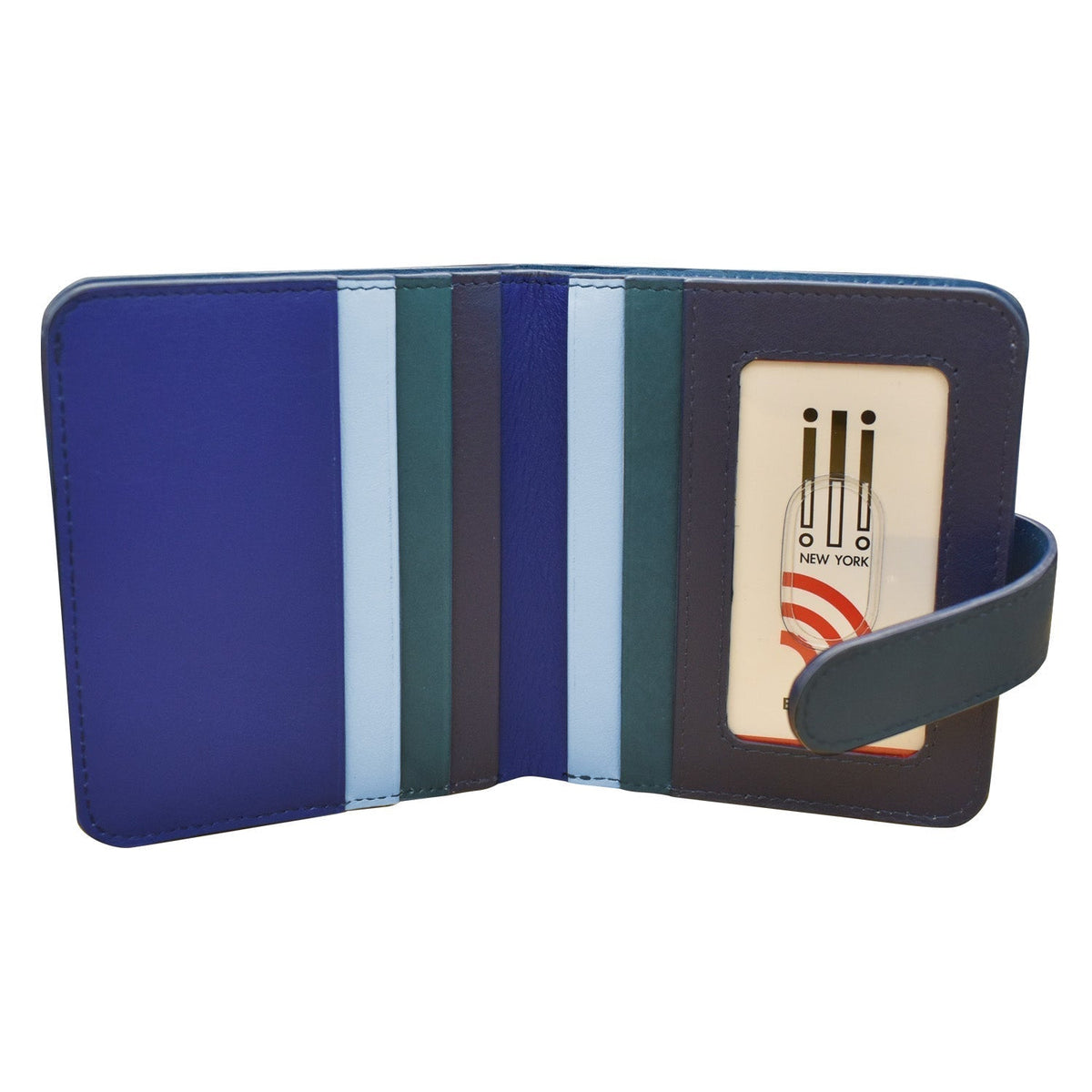 Blue and striped leather wallet with a New York-themed card holder on a white background
