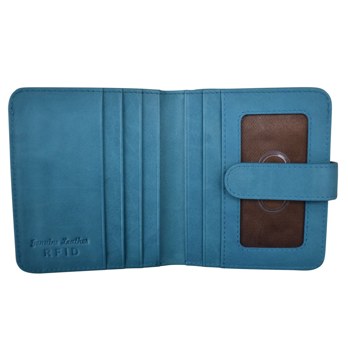 Blue wallet with a brown card holder on a white background