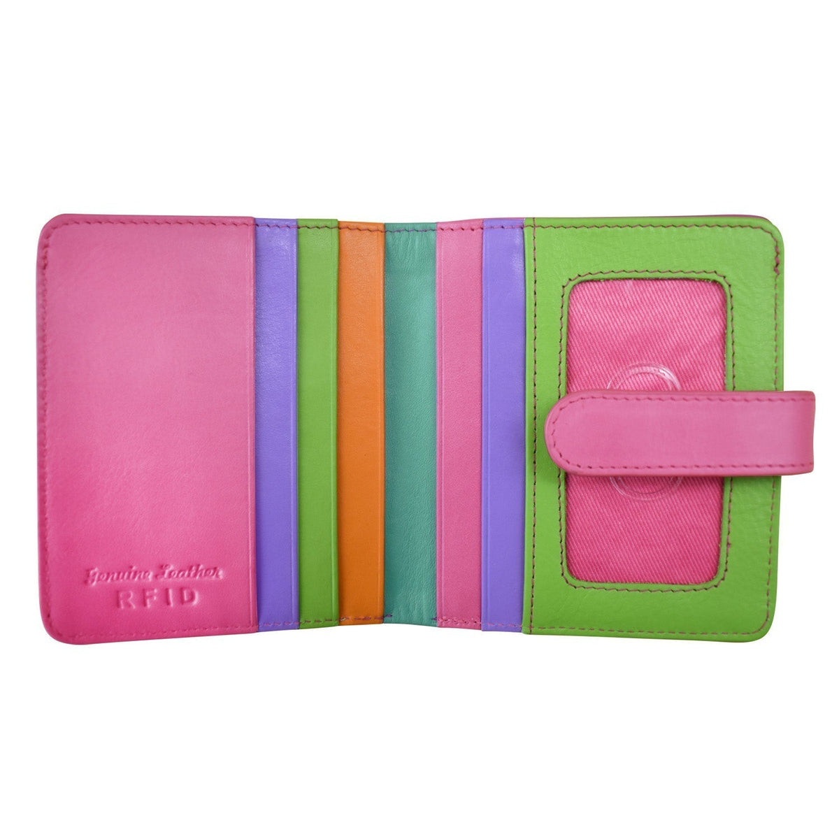 Multicolored wallet with 'RFID' protection on a white background