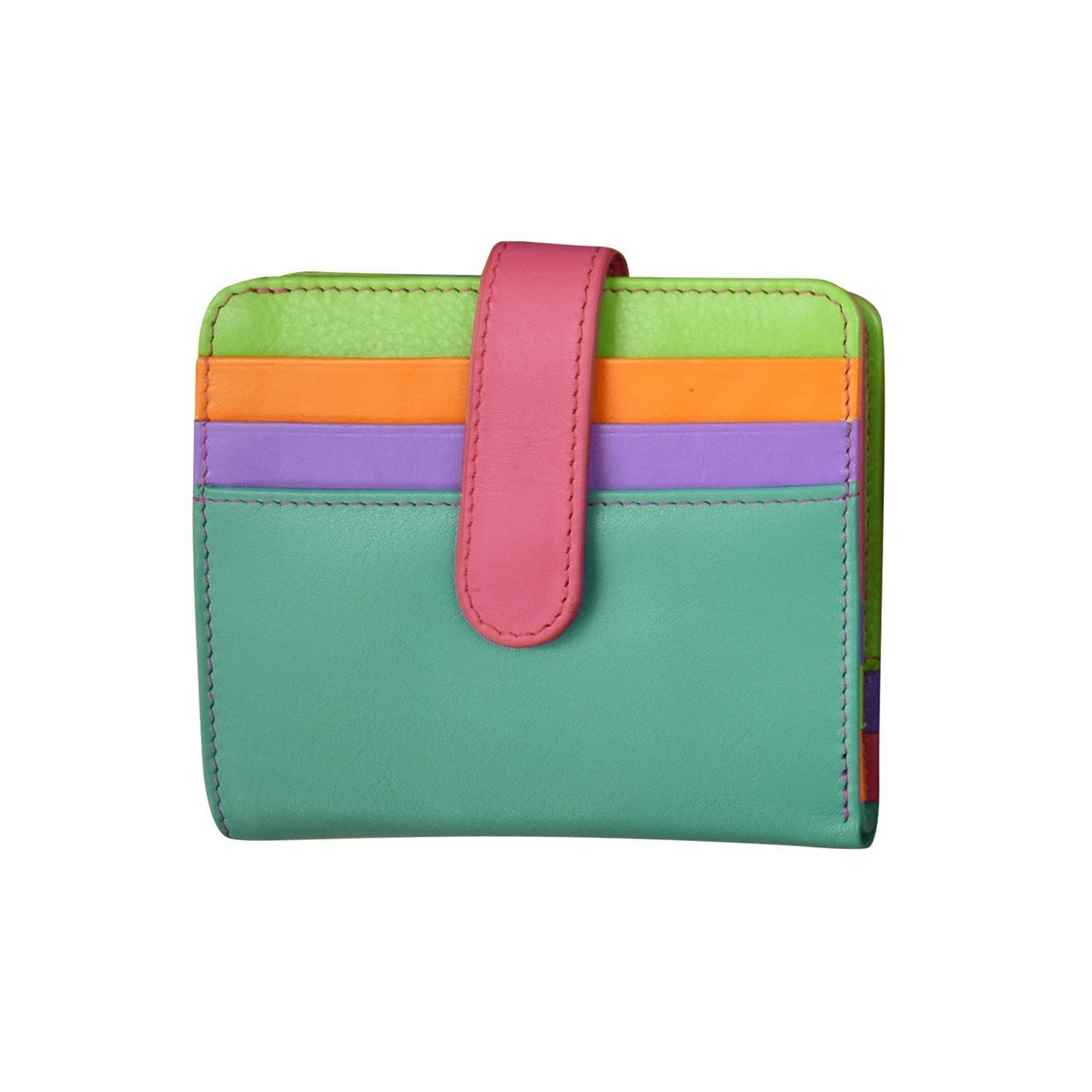 Green wallet with a pink strap and colorful stripes on a white background