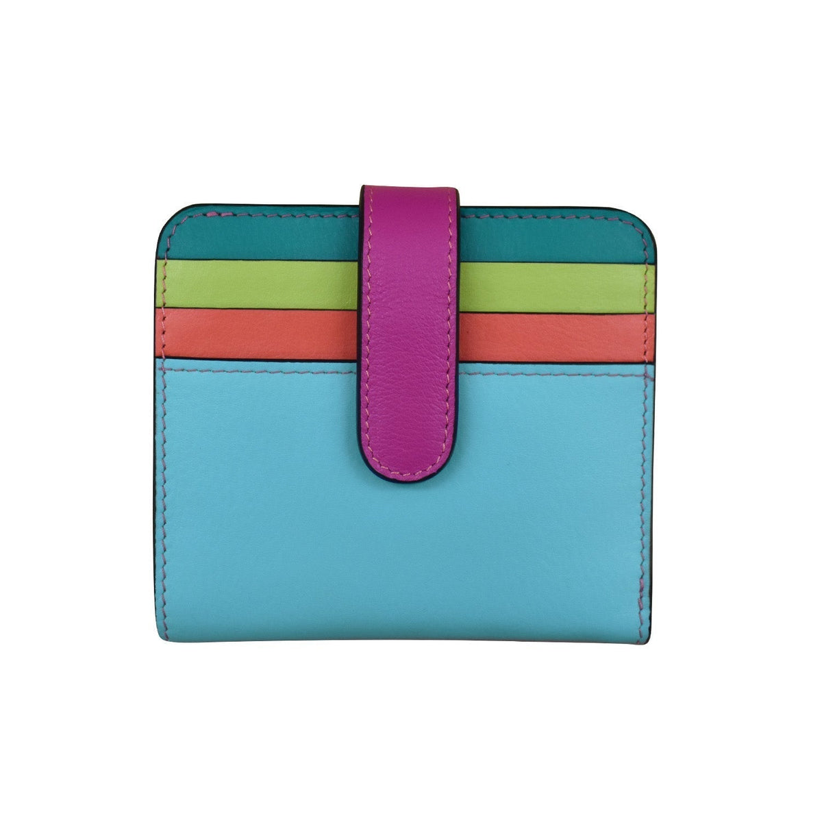 Multicolored wallet with a purple strap on a white background