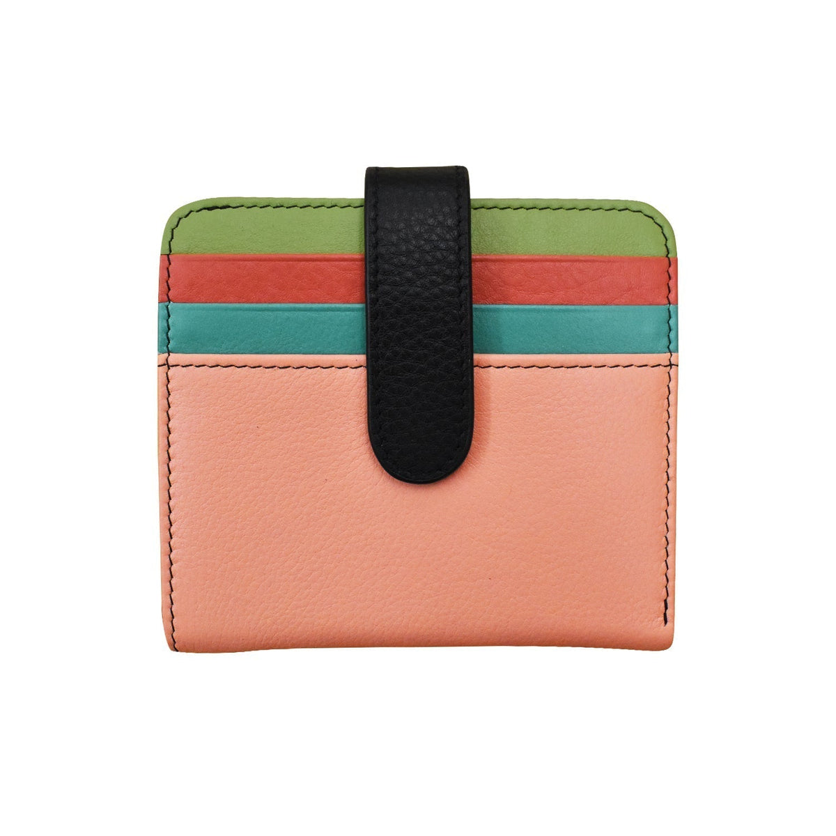 Multicolored wallet with a black strap on a white background