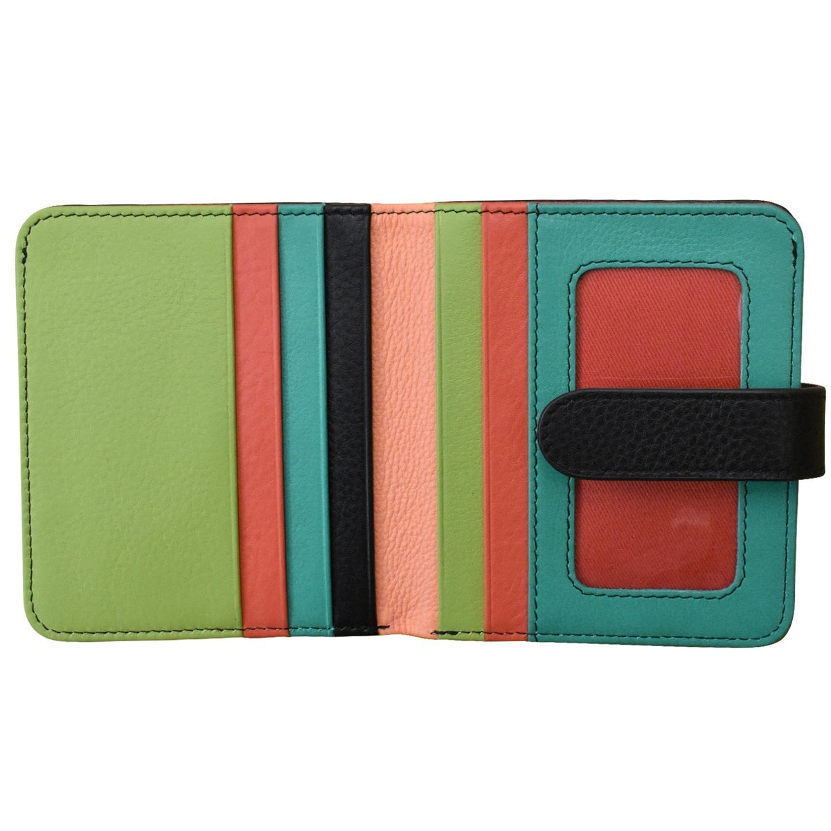 Multicolored striped wallet with a black strap on a white background