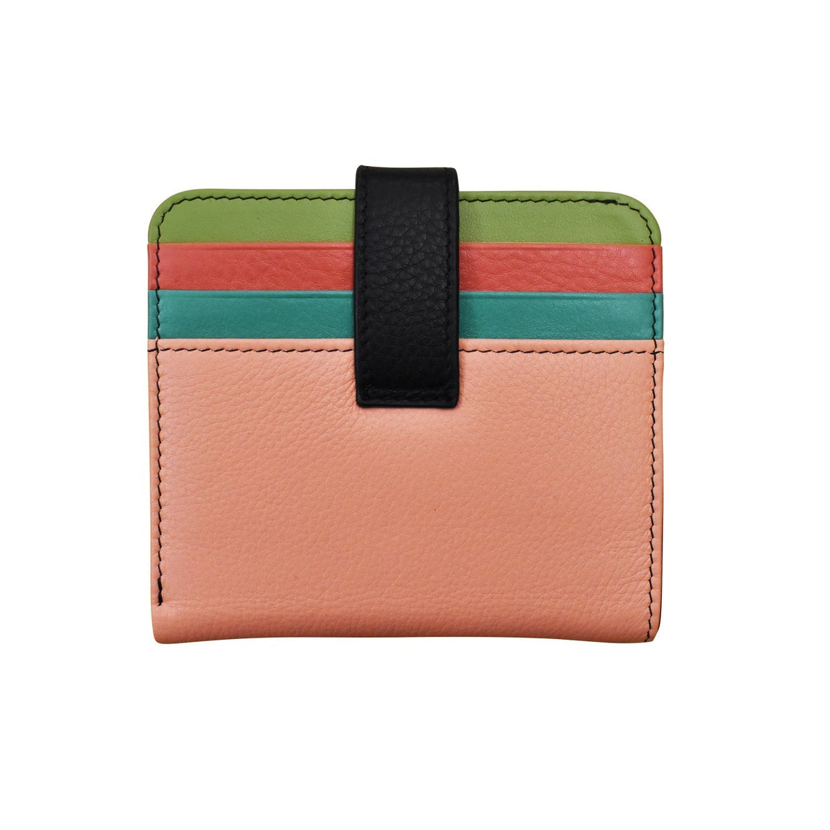 Multicolored wallet with a black strap on a white background
