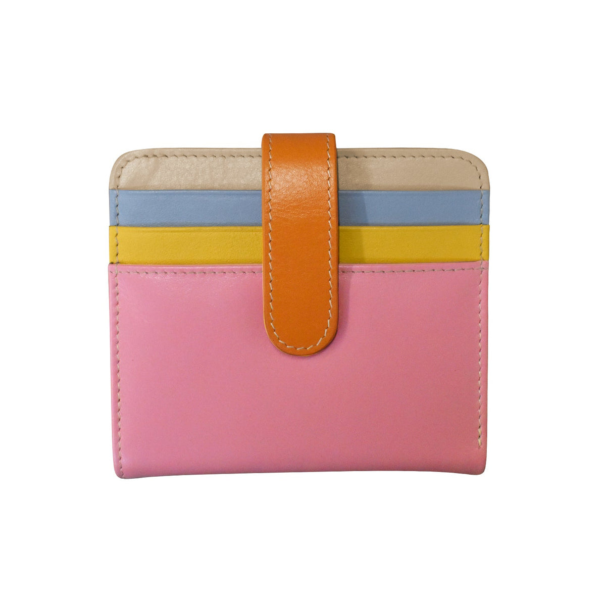 Multicolored wallet with a strap on a white background