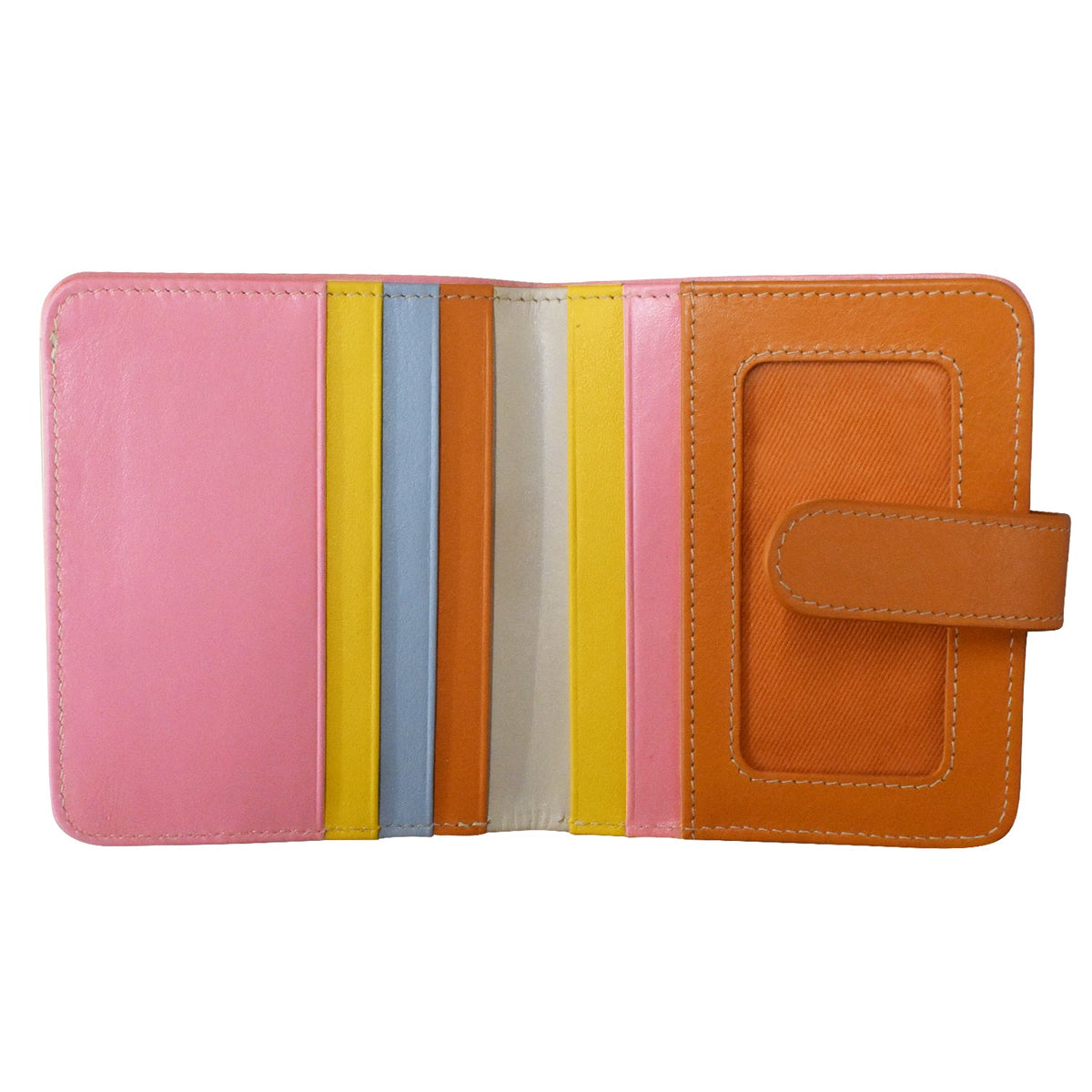 Multicolored wallet with pink, yellow, blue, and orange sections on a white background