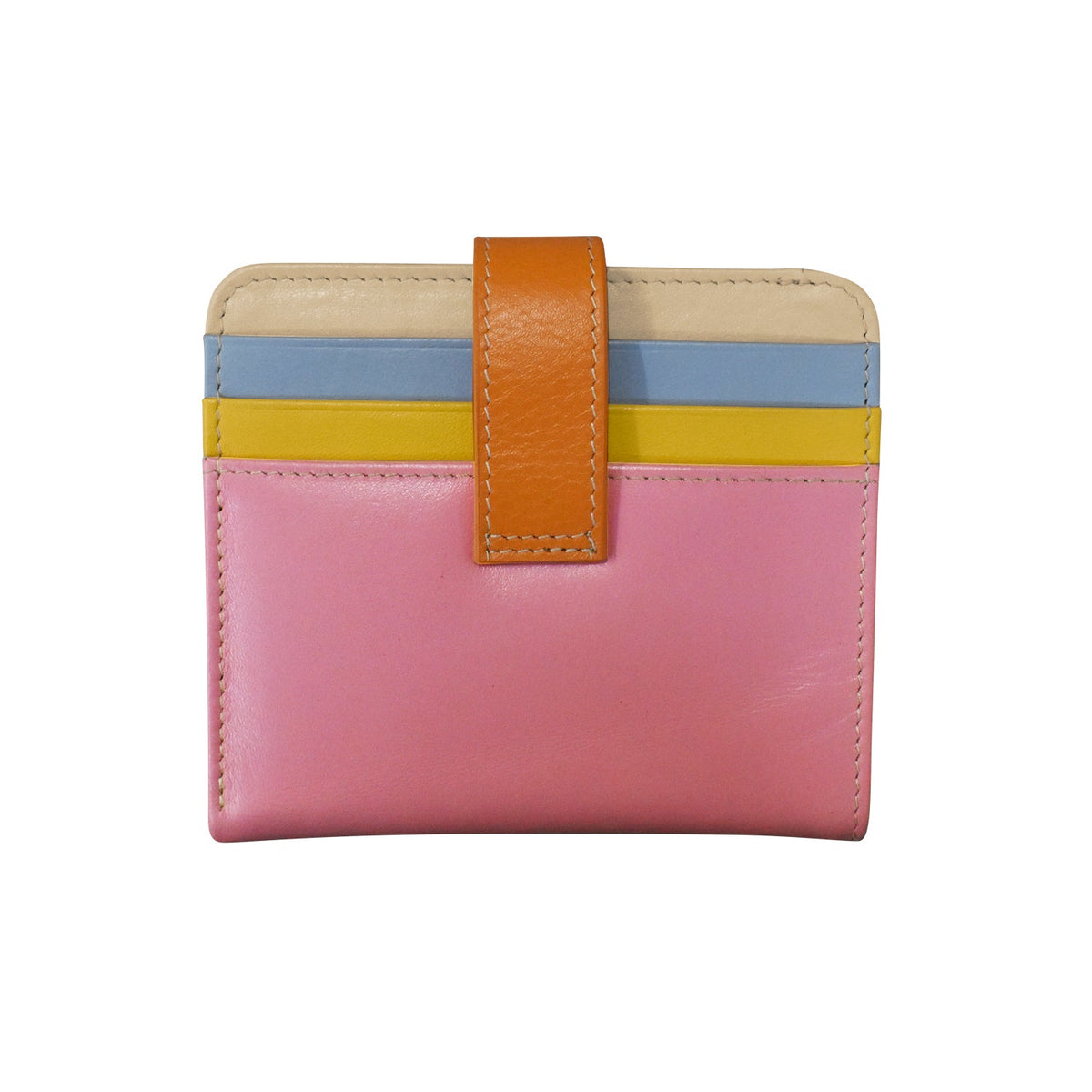 A small leather card holder wallet with a color-blocked design featuring a large pink front panel, yellow and light blue horizontal stripes, a beige top section, and an orange-brown leather strap closure.