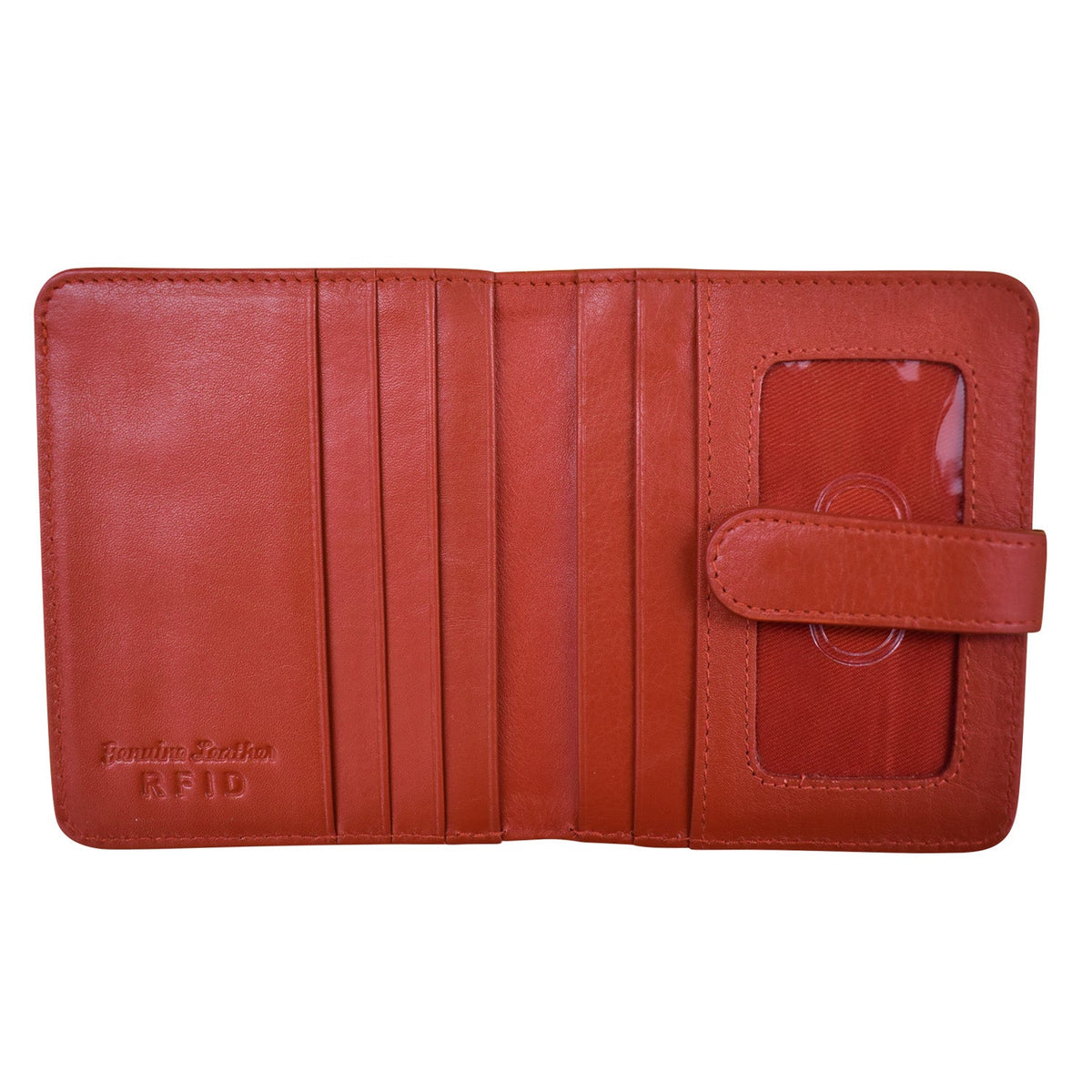 Red leather wallet with card slots on a white background