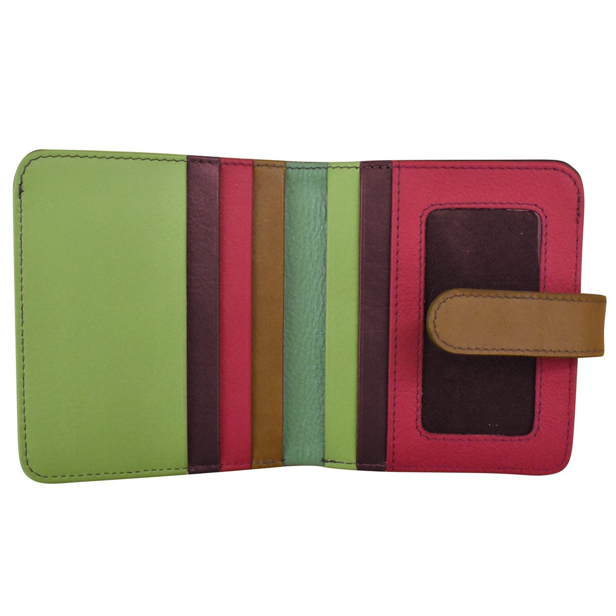 Multicolored leather wallet with a strap on a white background