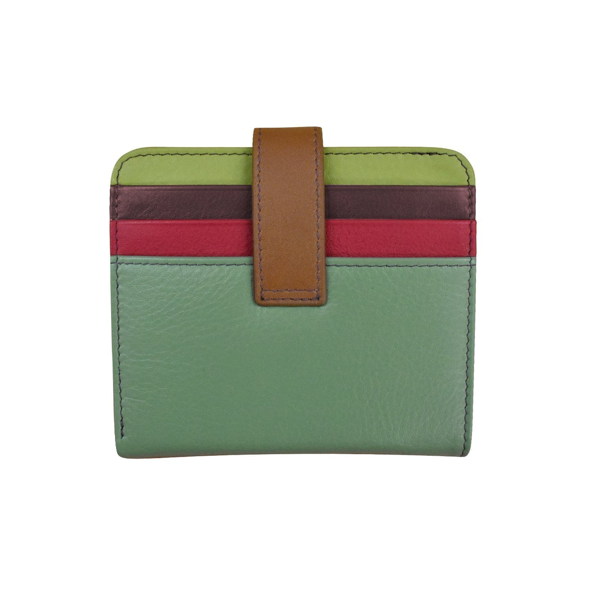 Green wallet with a brown strap on a white background