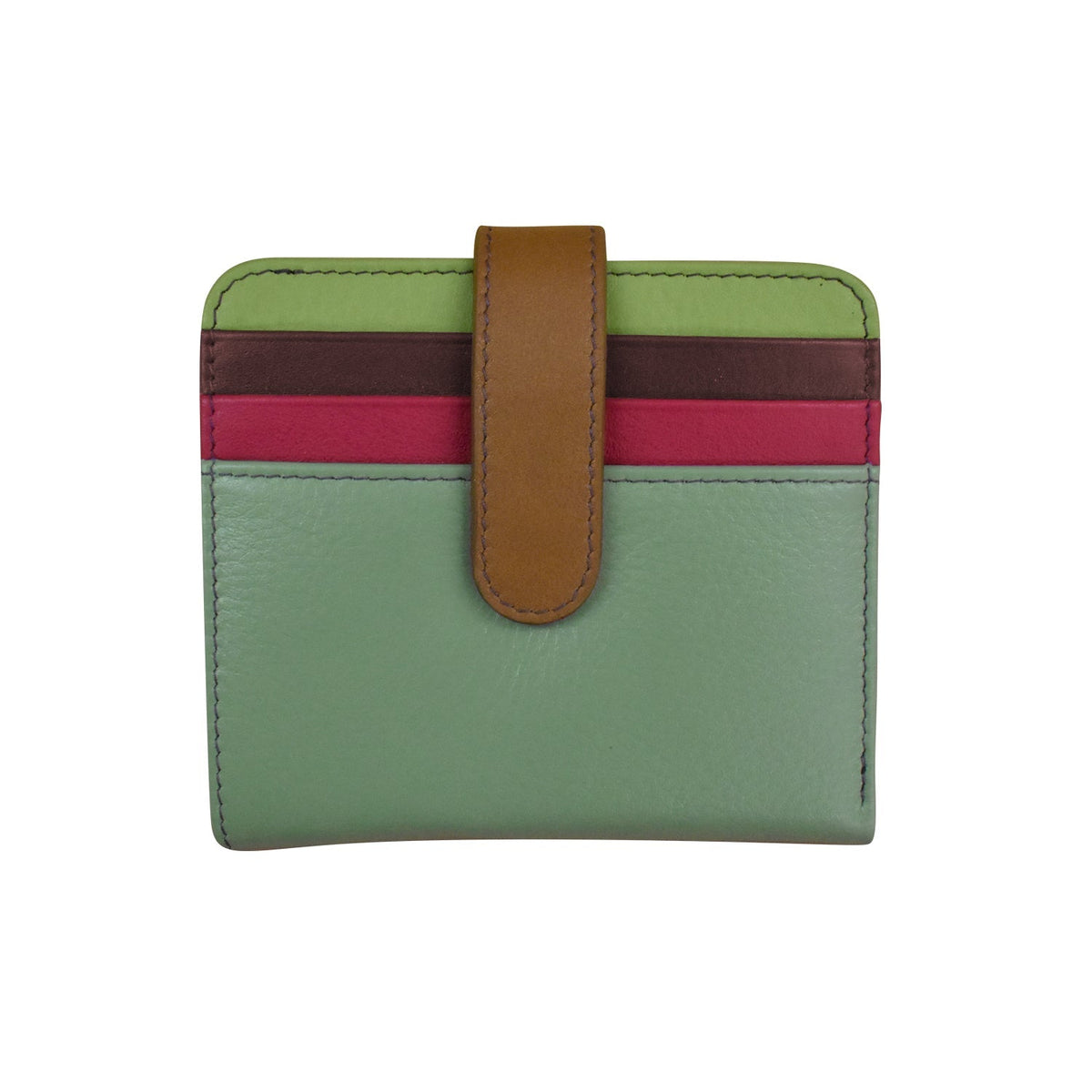 Green wallet with a brown strap and pink stripe on a white background