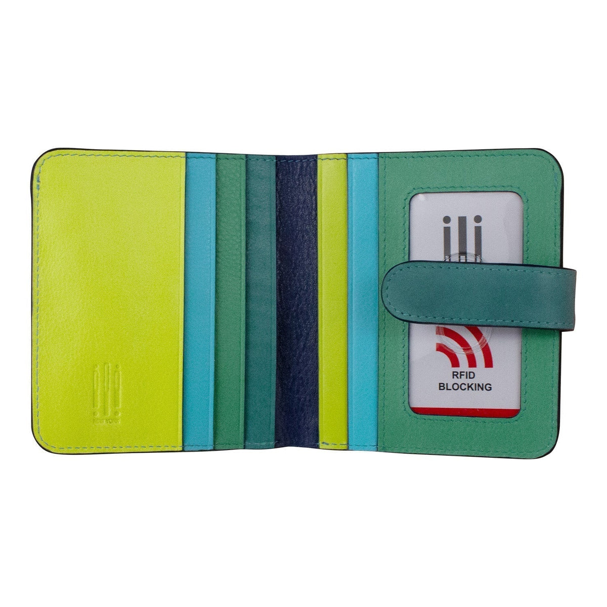 Multicolored wallet with RFID blocking feature on a white background