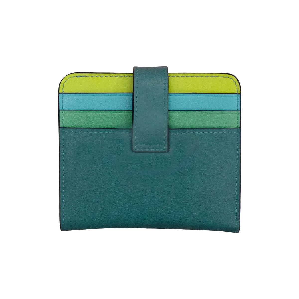 Teal wallet with green and blue accents on a white background