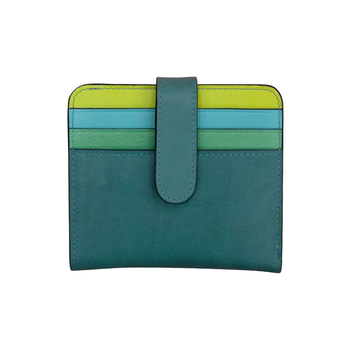 Green and blue wallet with a strap on a white background