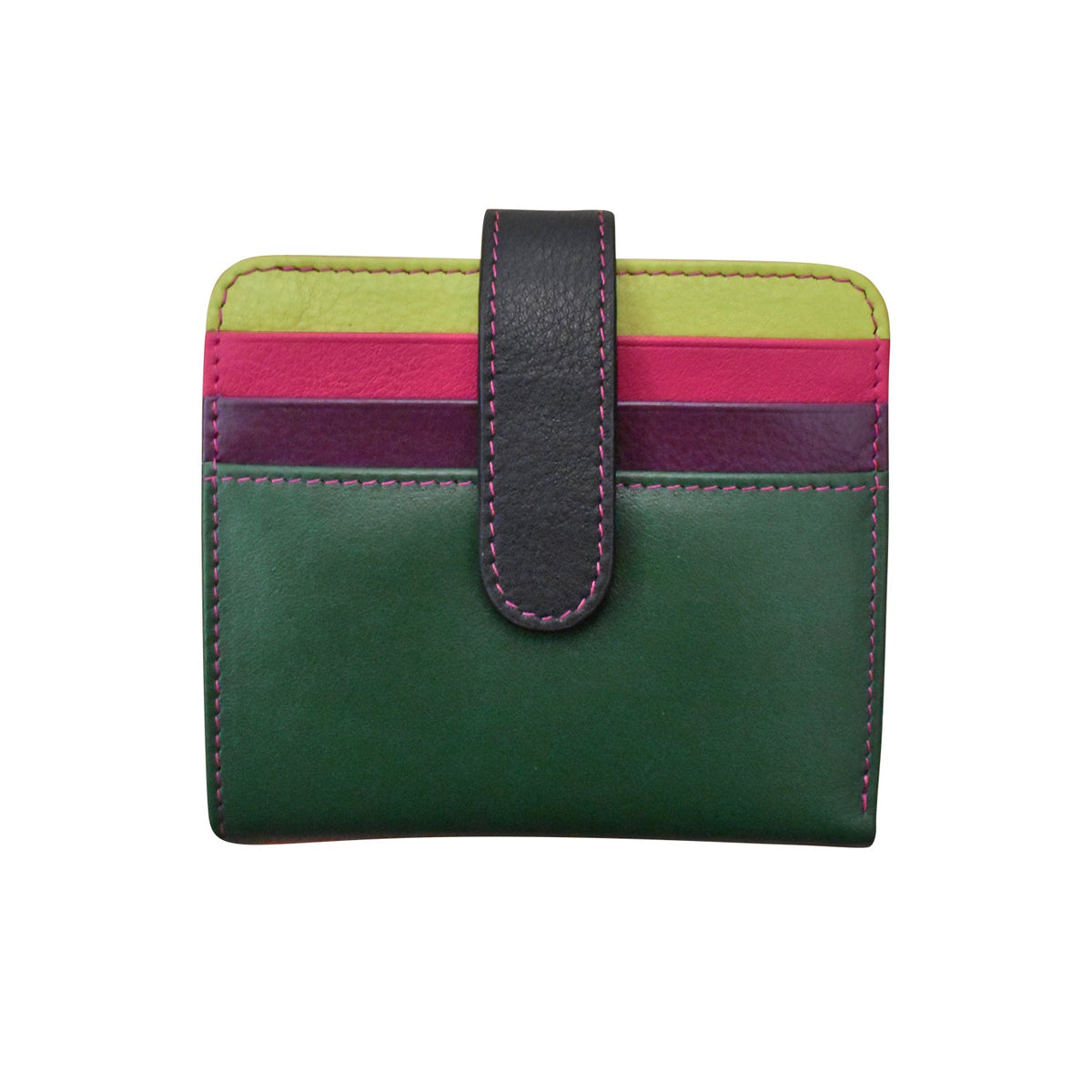 Green wallet with colorful strap on a white background