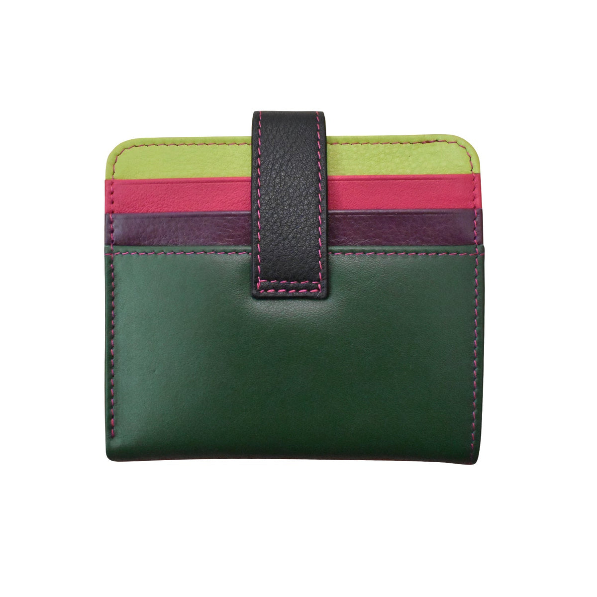 Green wallet with colorful strap on a white background