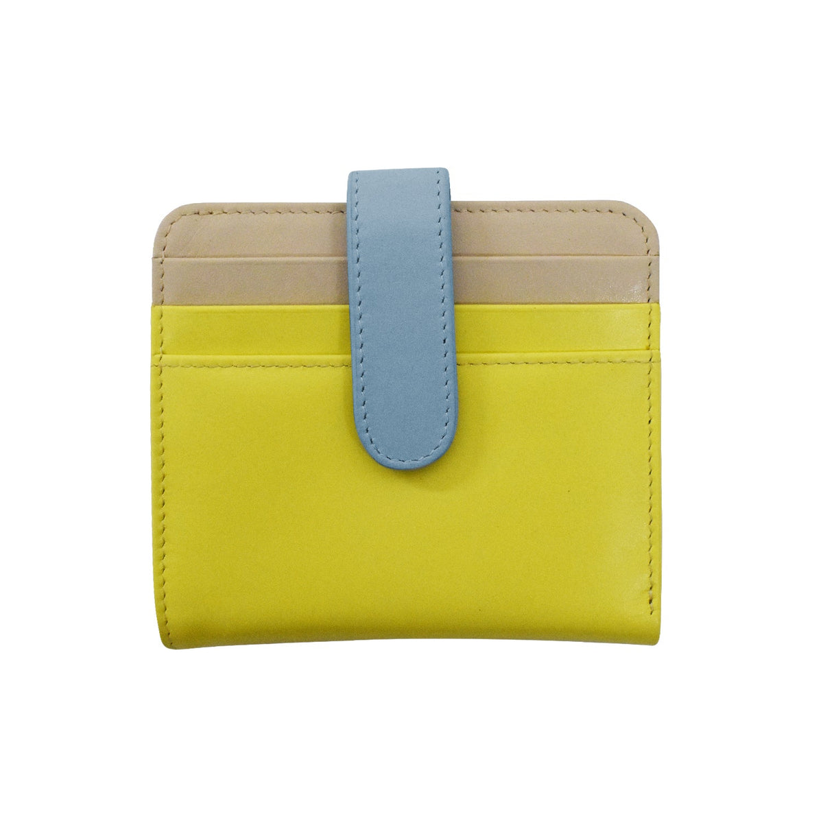 Yellow wallet with a blue strap on a white background