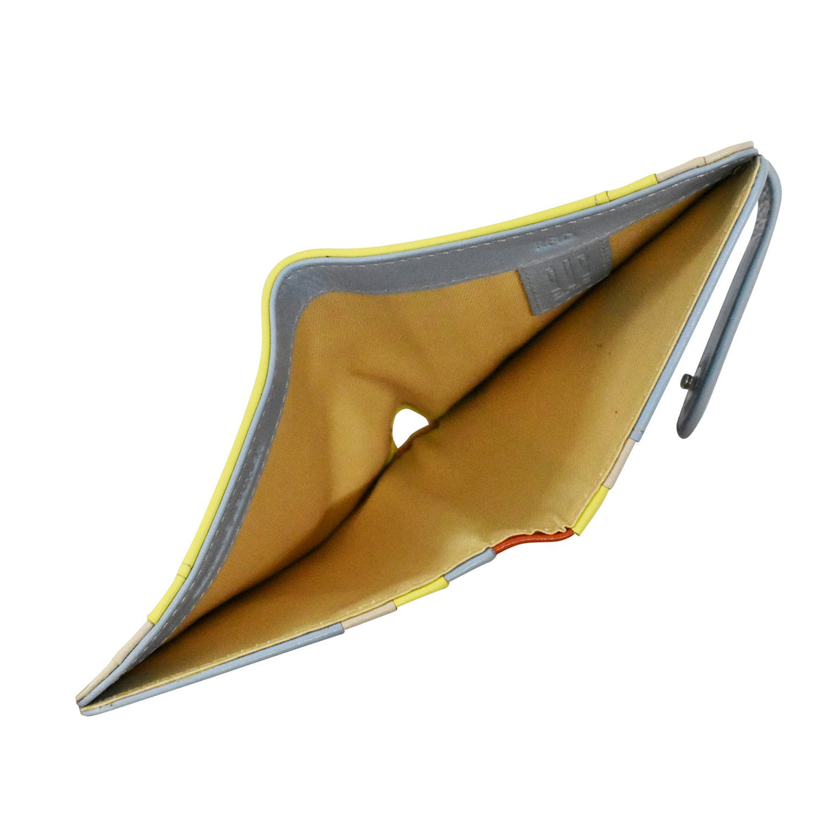 Open beige clutch bag with gray interior on a white background