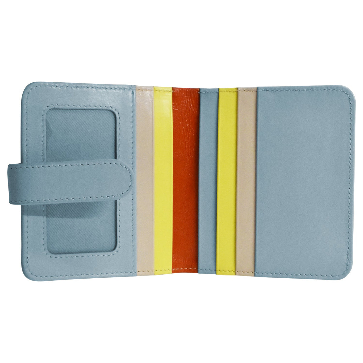 A light blue leather wallet or card holder shown open, featuring a vertical striped pattern in beige, yellow, orange, and blue on the interior, with a clear ID window on the left.