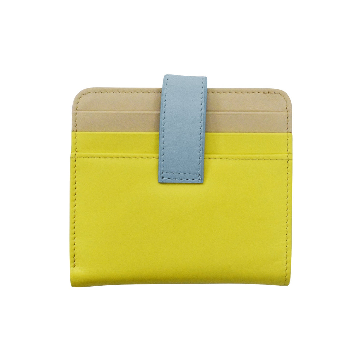 Yellow wallet with a blue strap on a white background