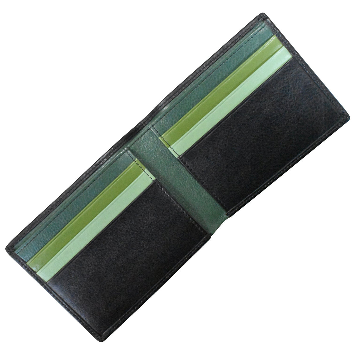 Black wallet with green and beige stripes on a white background