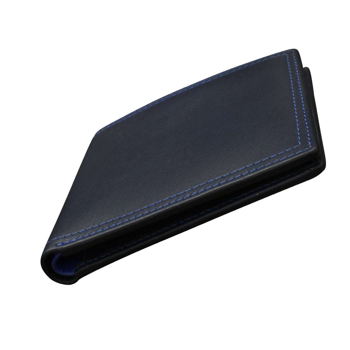 Black leather wallet with blue stitching on a white background