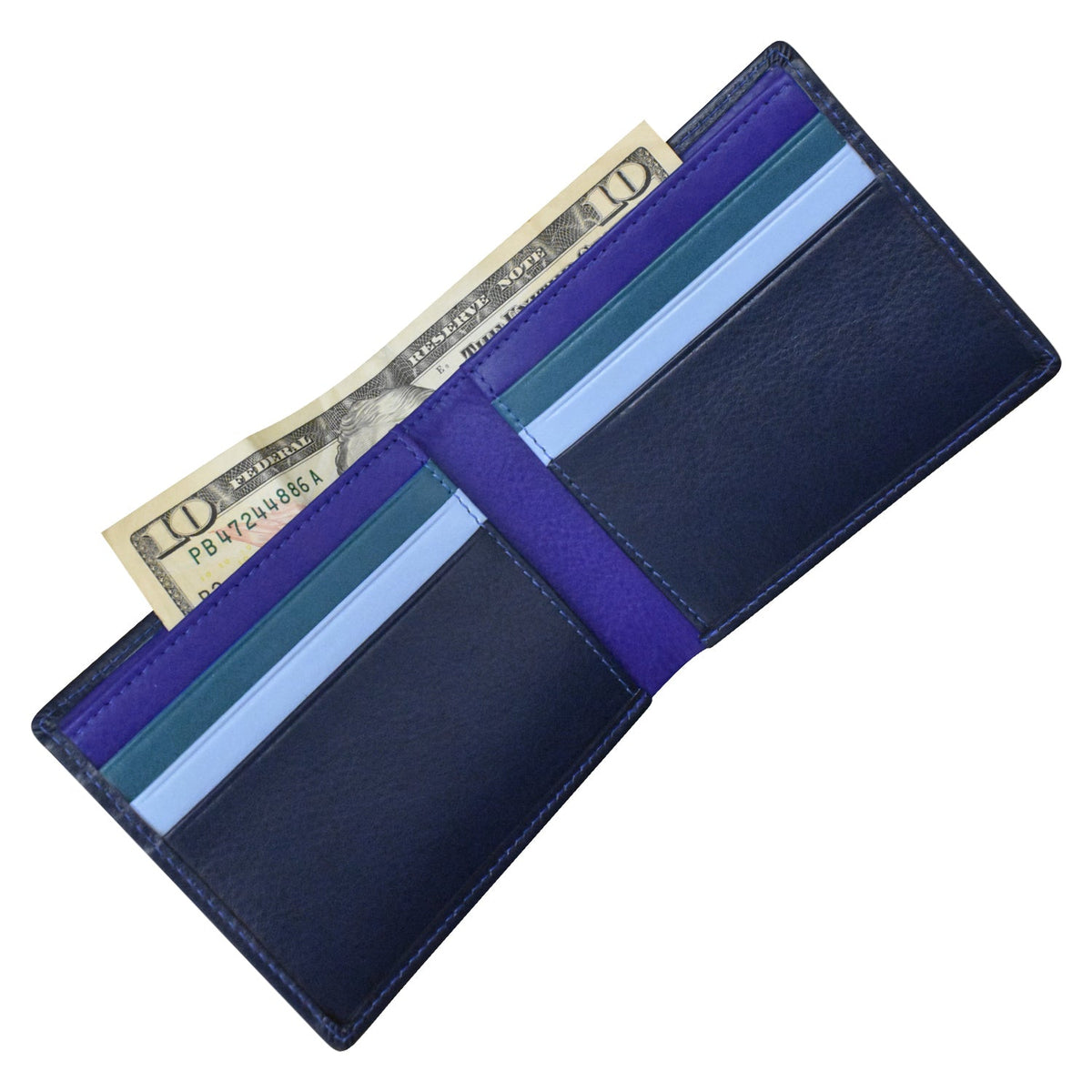 Blue wallet with money and cards on a white background
