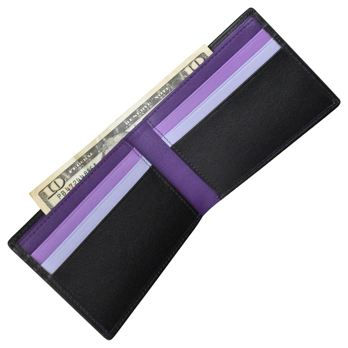Black wallet with purple lining holding a $100 bill on a white background