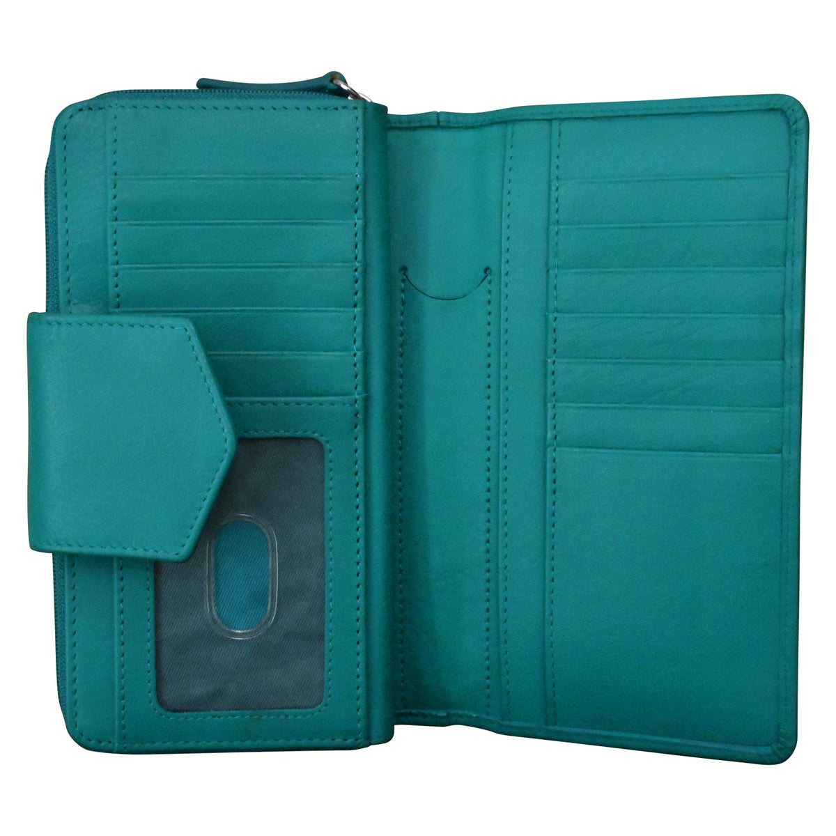 Teal wallet with multiple card slots and a pocket on a white background