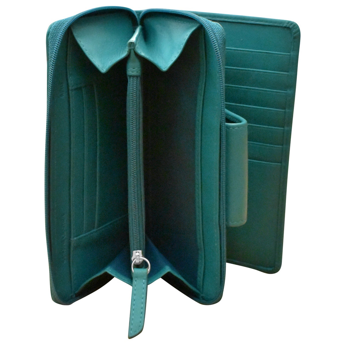 Teal leather wallet with zipper on a white background