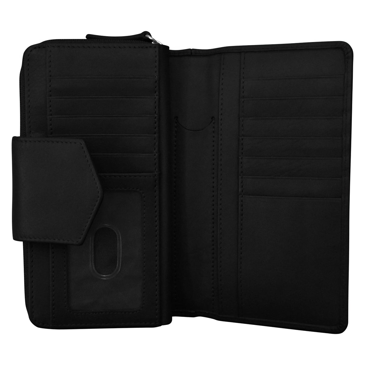 Black leather wallet with multiple compartments on a white background