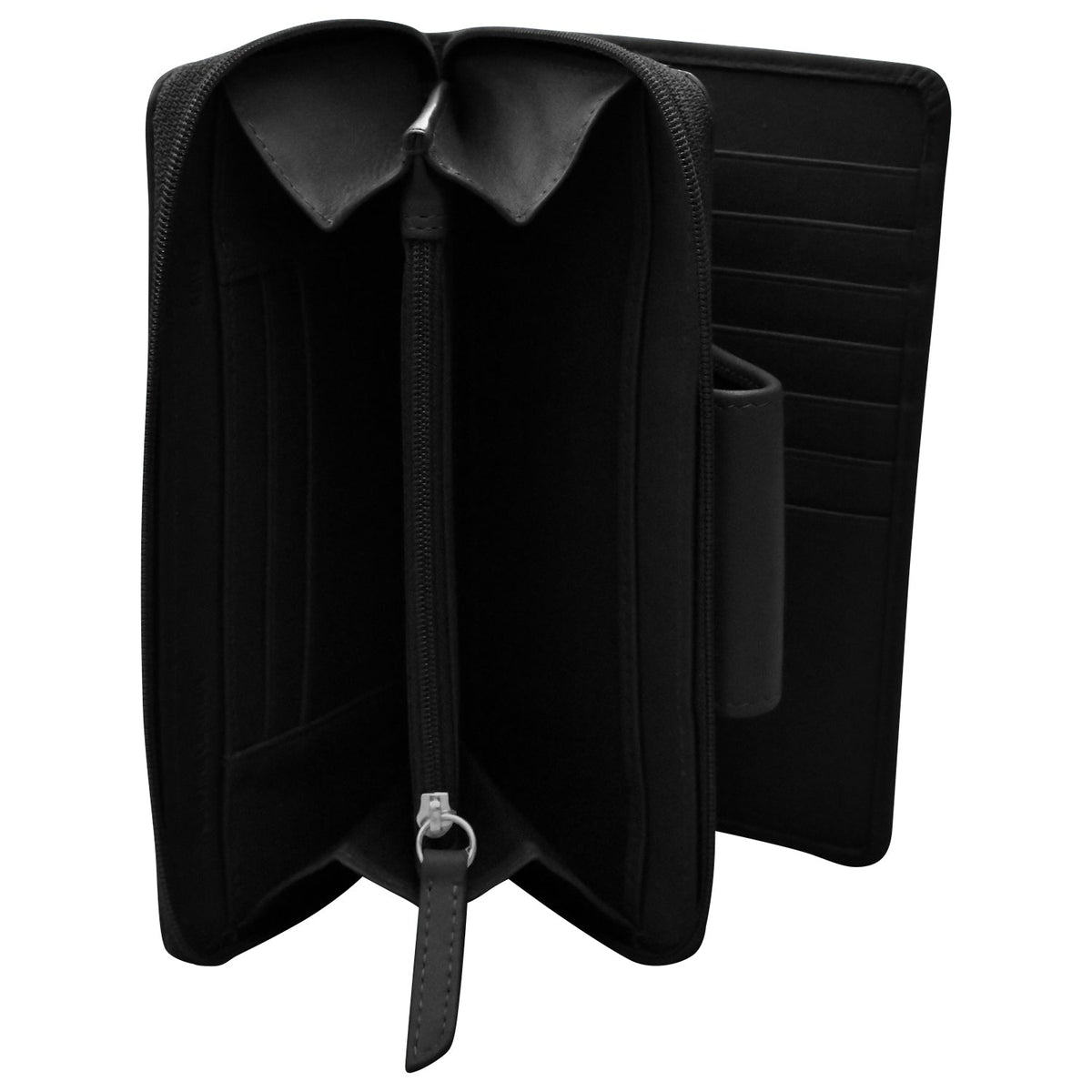 Purple wallet with a strap on a white background