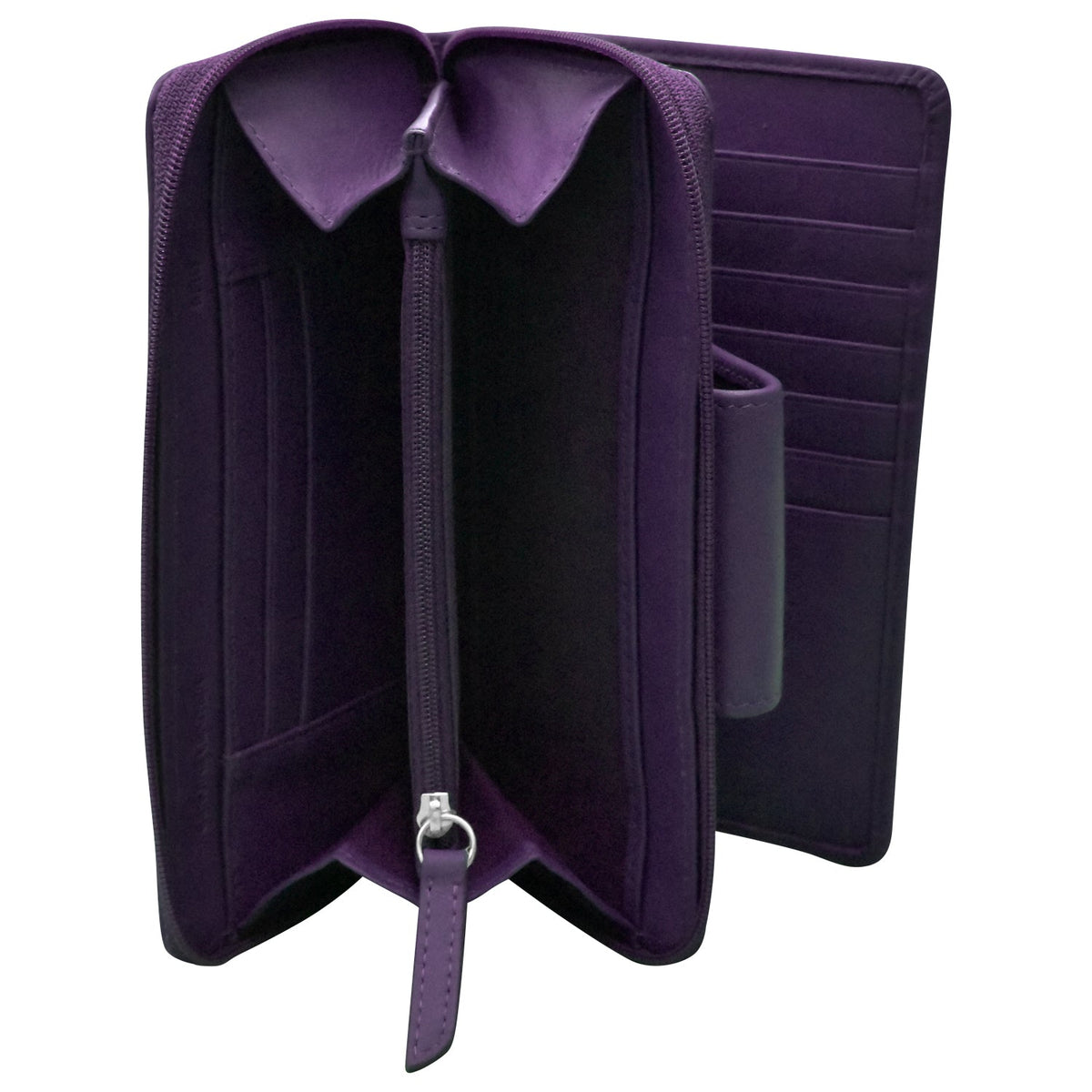 Purple wallet with a strap on a white background
