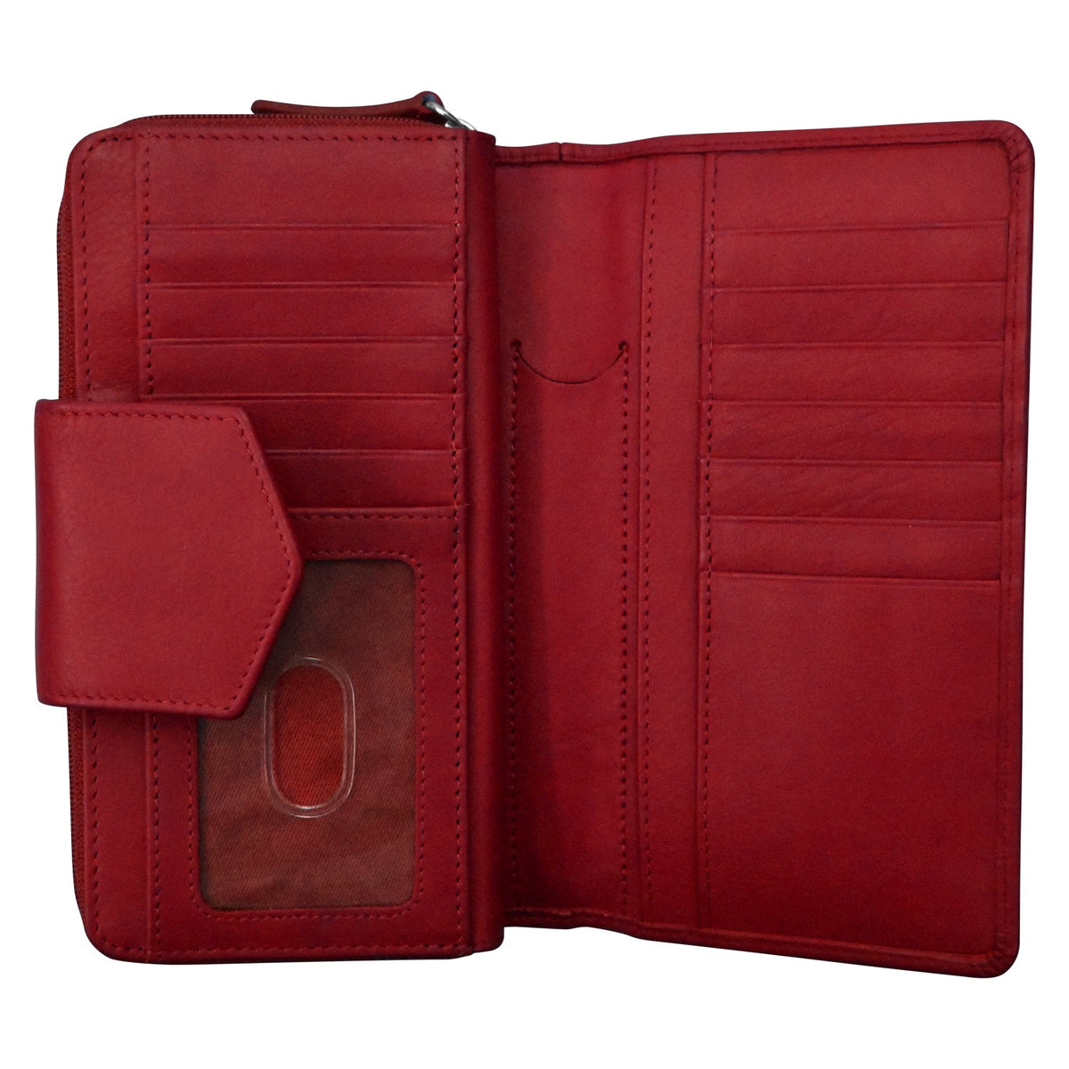 Red leather wallet with multiple card slots on a white background