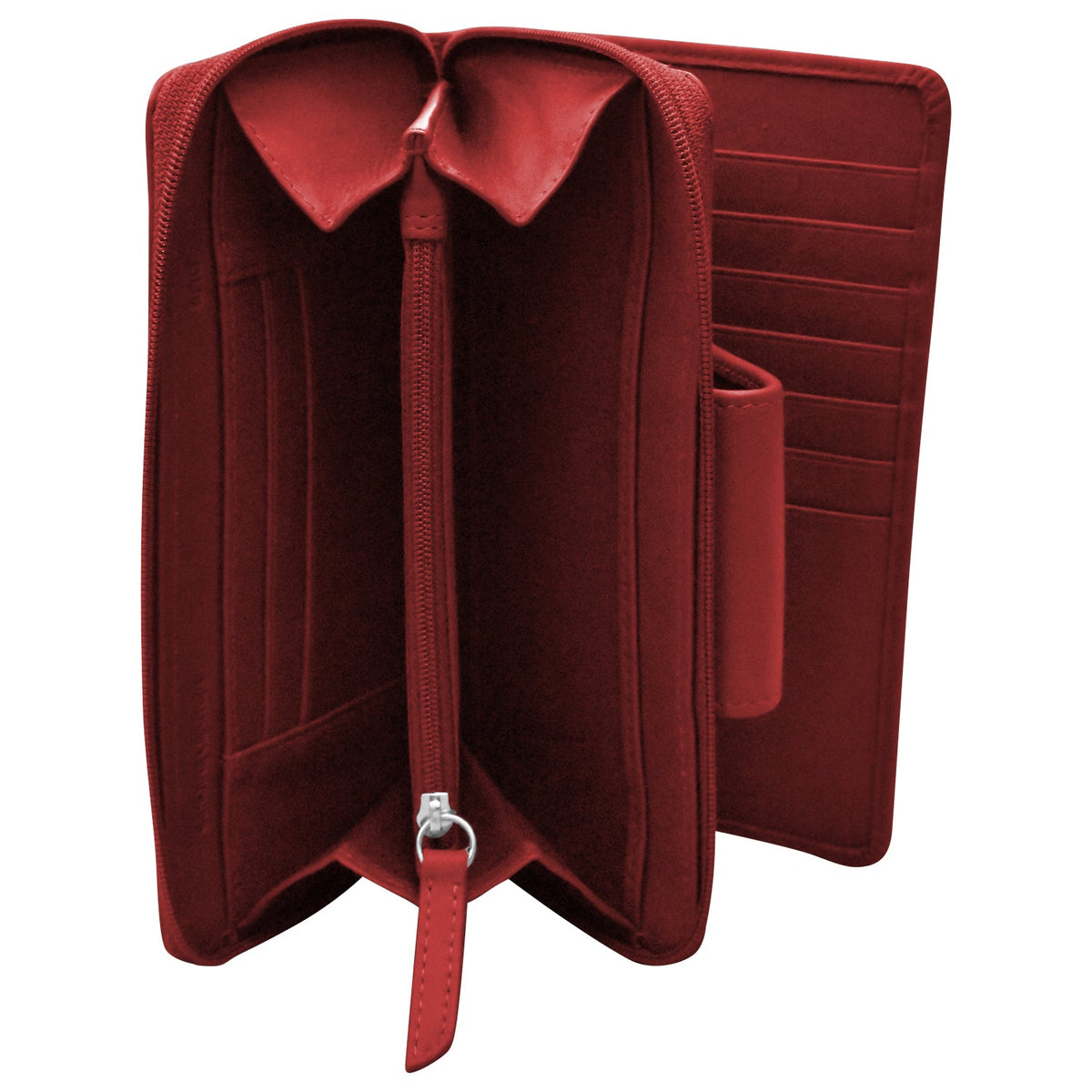Red leather wallet with a strap on a white background