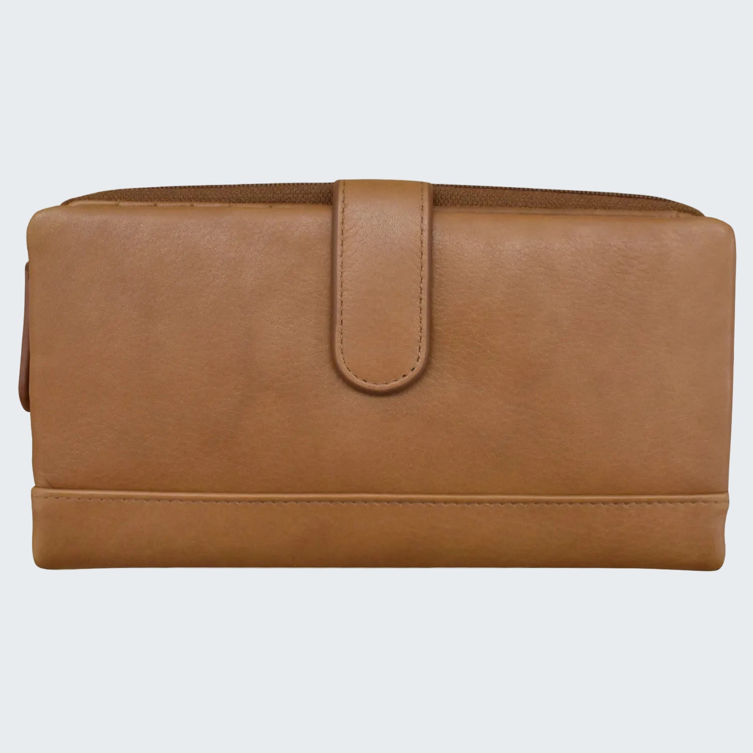 Brown leather clutch bag on a white background