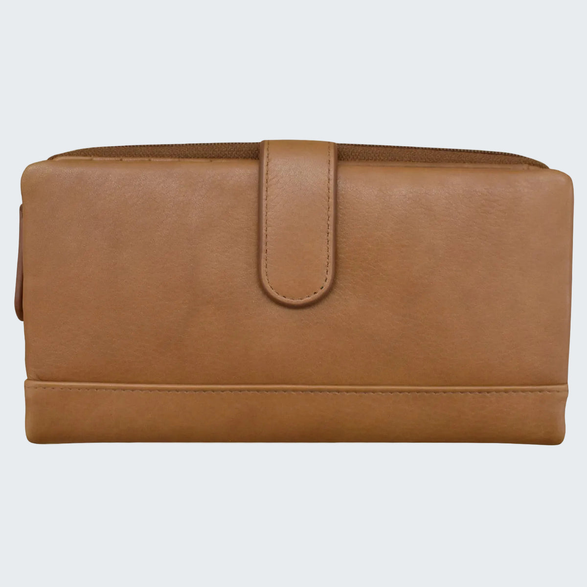 Brown leather clutch bag on a white background