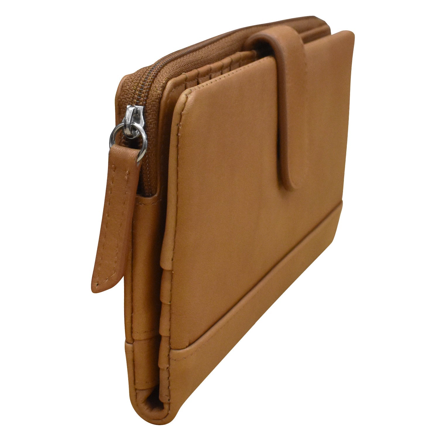 Brown leather wallet with a zipper on a white background