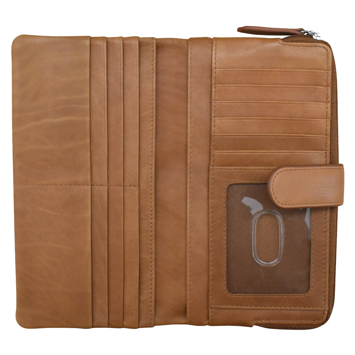 Brown leather wallet with multiple card slots and a zipper pocket on a white background