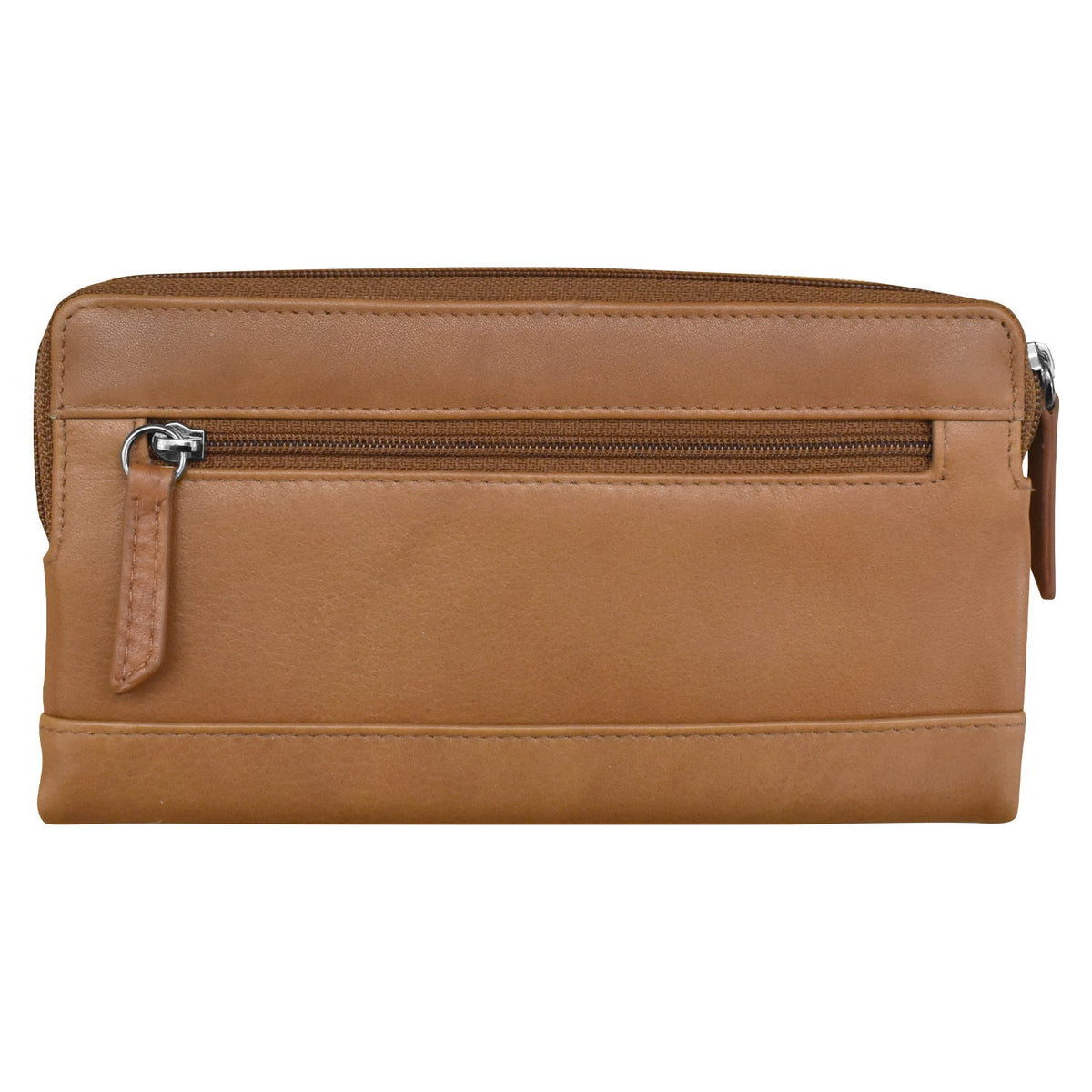 Brown leather clutch bag with a zipper on a white background